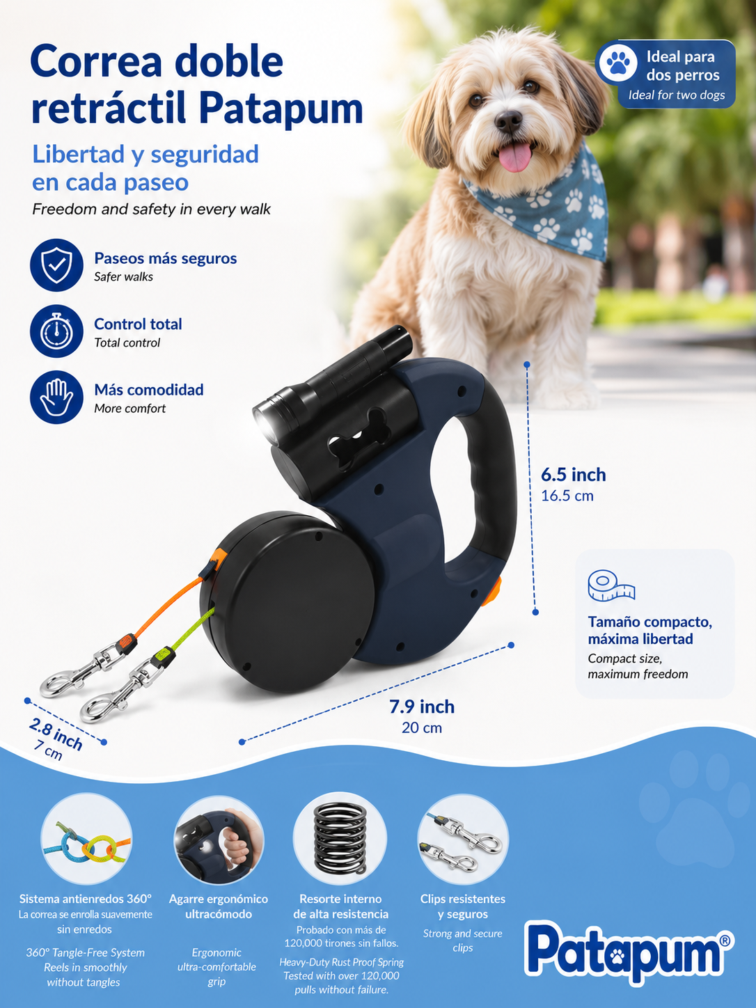 Correa Retráctil Doble con Linterna LED para Perros | Patapum