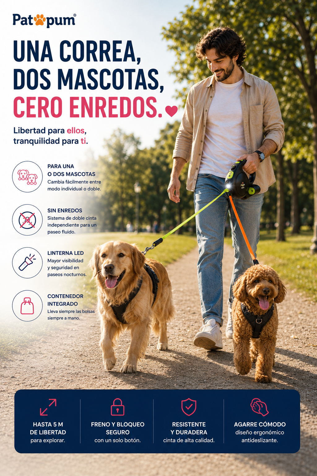 Correa Retráctil Doble con Linterna LED