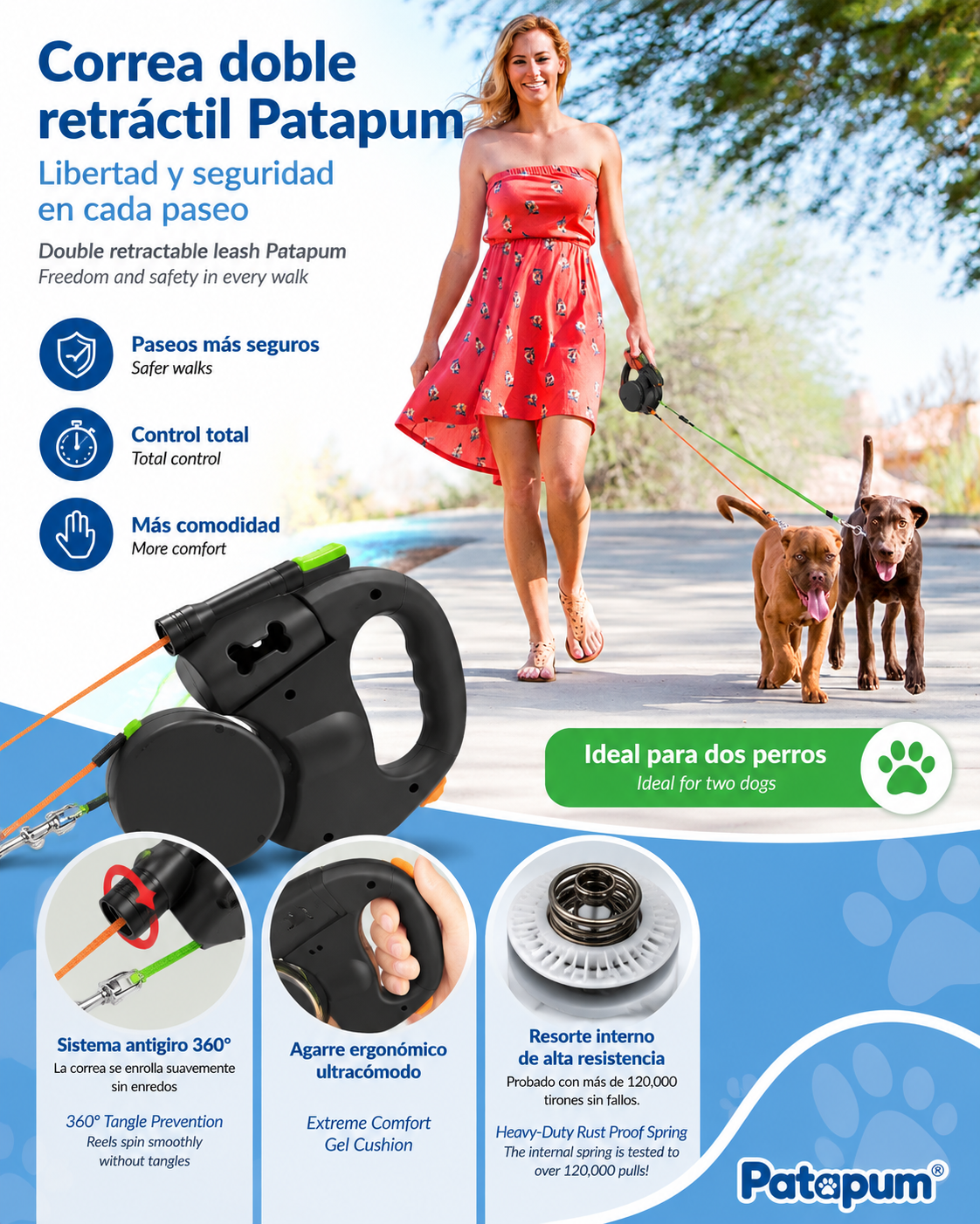 Correa Retráctil Doble con Linterna LED para Perros | Patapum