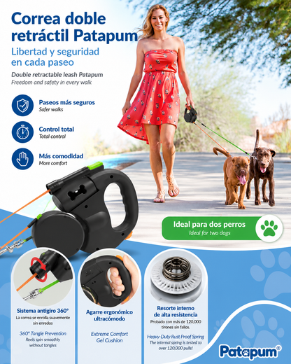 Correa Retráctil Doble con Linterna LED para Perros | Patapum