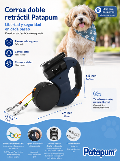 Correa Retráctil Doble con Linterna LED para Perros | Patapum